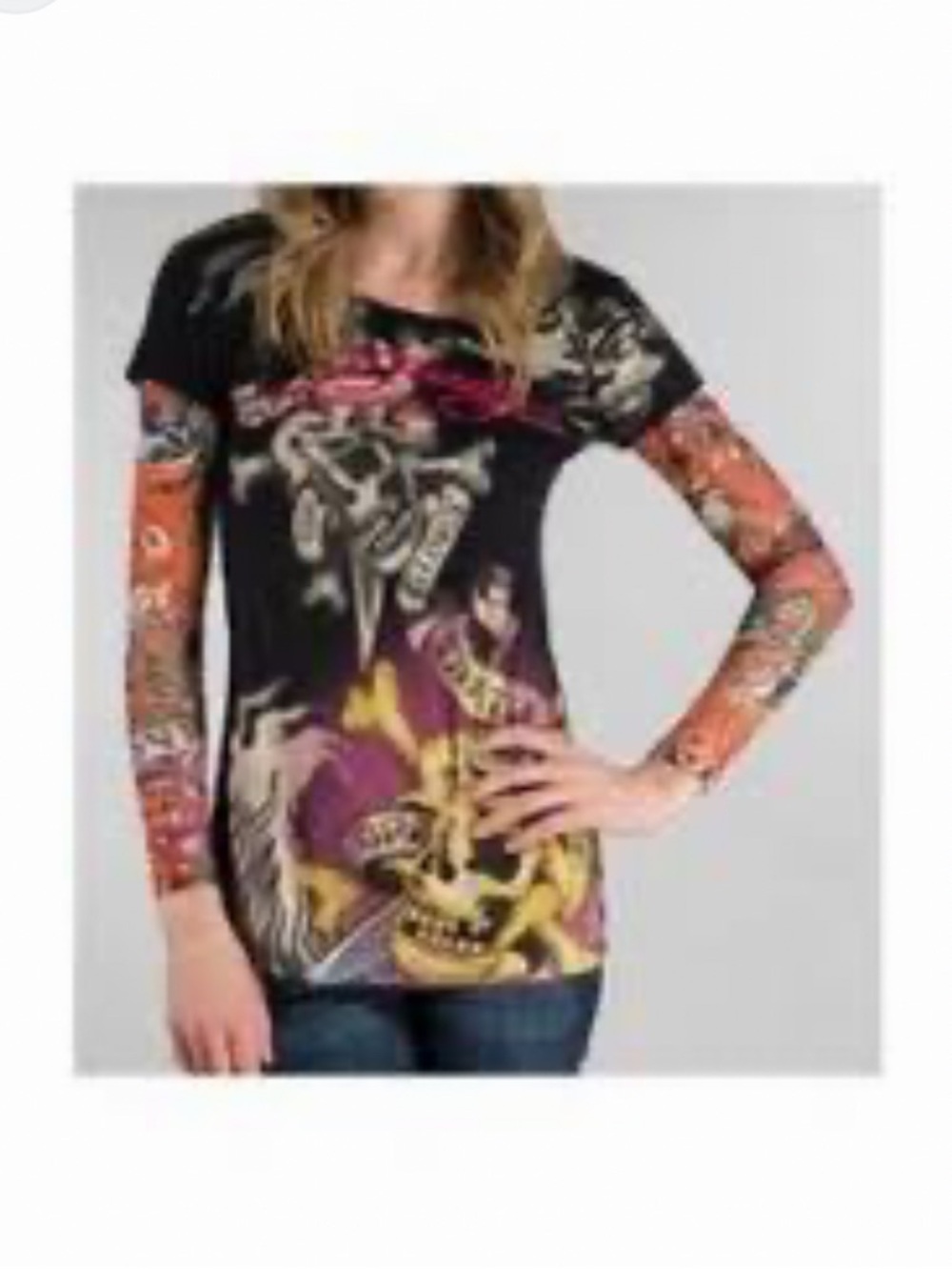 Vintage Ed Hardy Long Mesh Sleeve “Tattoo” Top Shirt M Vintage Y2K - Picture 2 of 15